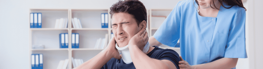 Illustration showing the appropriate steps to take immediately following a whiplash injury.