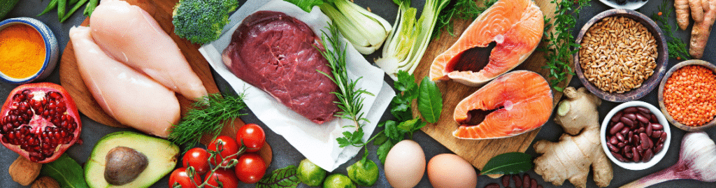 Colorful illustration of a balanced diet featuring diverse food groups.