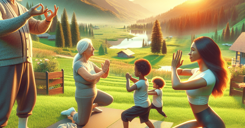 Illustration of a family consulting with a chiropractor on lifestyle changes, including exercise, nutrition, and stress management, in a setting that reflects a holistic approach to health
