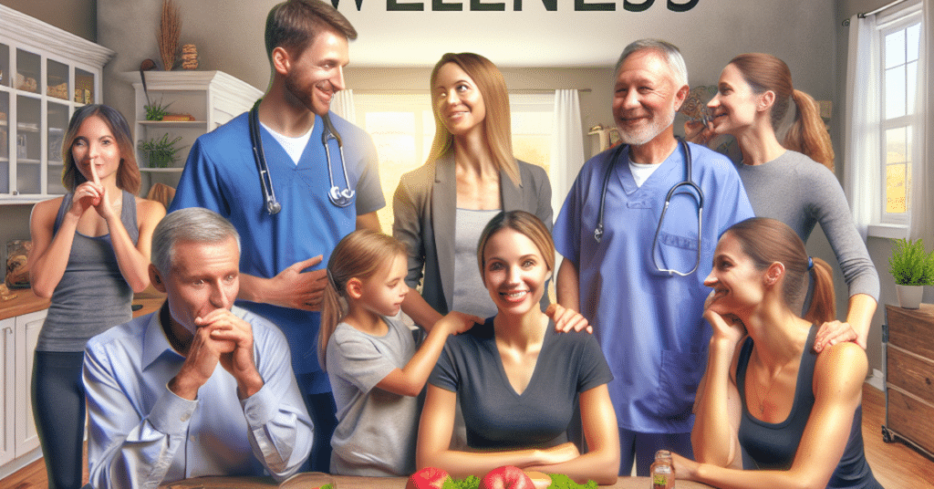 Illustration of a family meeting with various chiropractors, discussing treatment options, and evaluating clinic environments to find the right chiropractic fit for their health goals