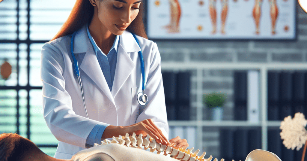 Chiropractor adjusting back of injured female athlete