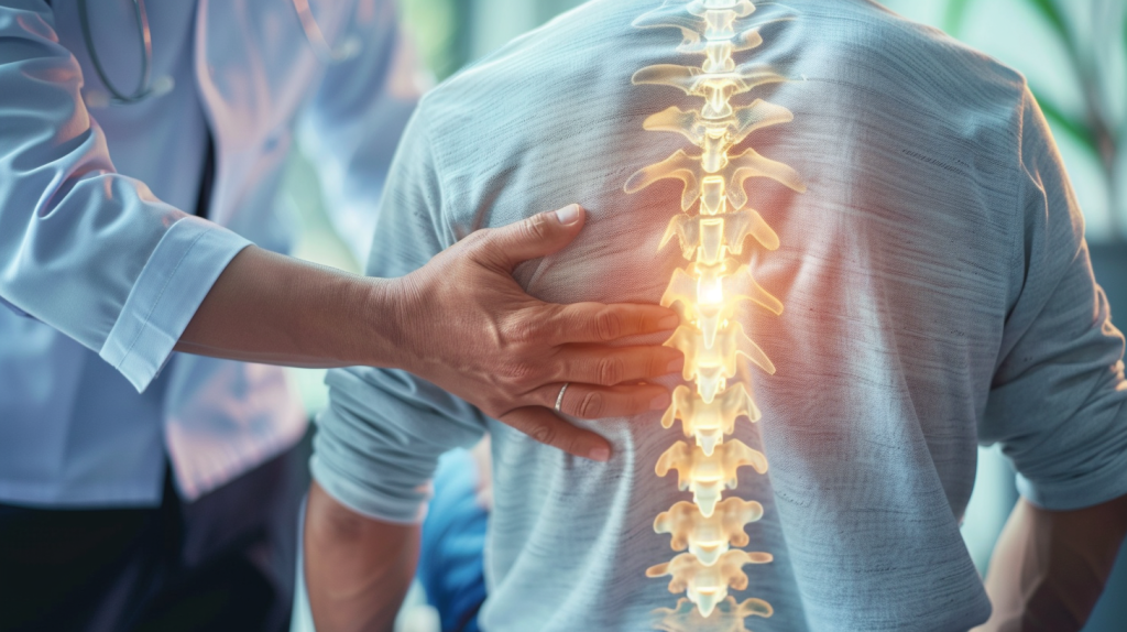 Illustration showing the relationship between back pain relief and chiropractic care, with a chiropractor performing an adjustment on a patient's spine.