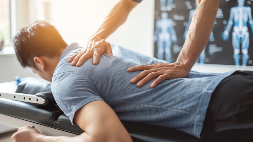 Image showing a chiropractor performing a spinal adjustment on a patient lying on a chiropractic table.