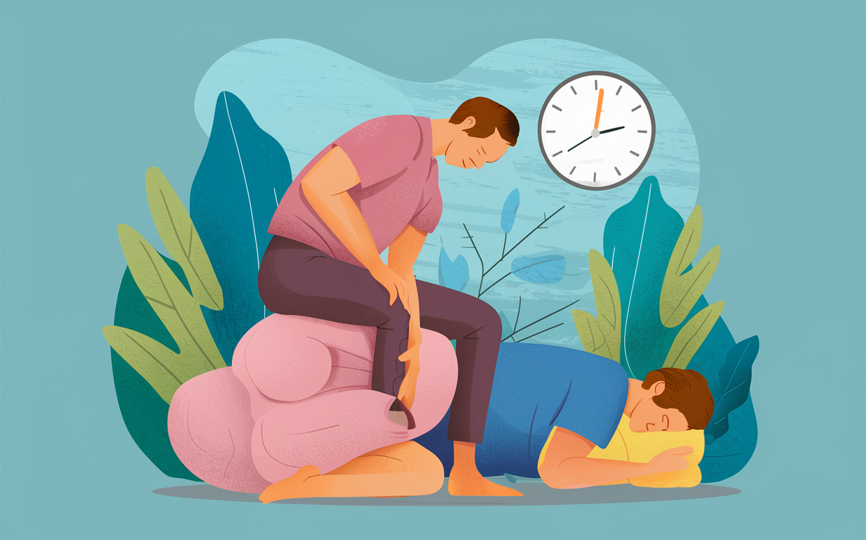 Illustration of Person Feeling Dejected Amidst Nature An illustration depicting a person with curly blue hair and yellow clothing sitting in a dejected pose amidst blue, purple, and orange stylized leaves and shapes, representing feelings of sadness or chronic pain in a natural setting.