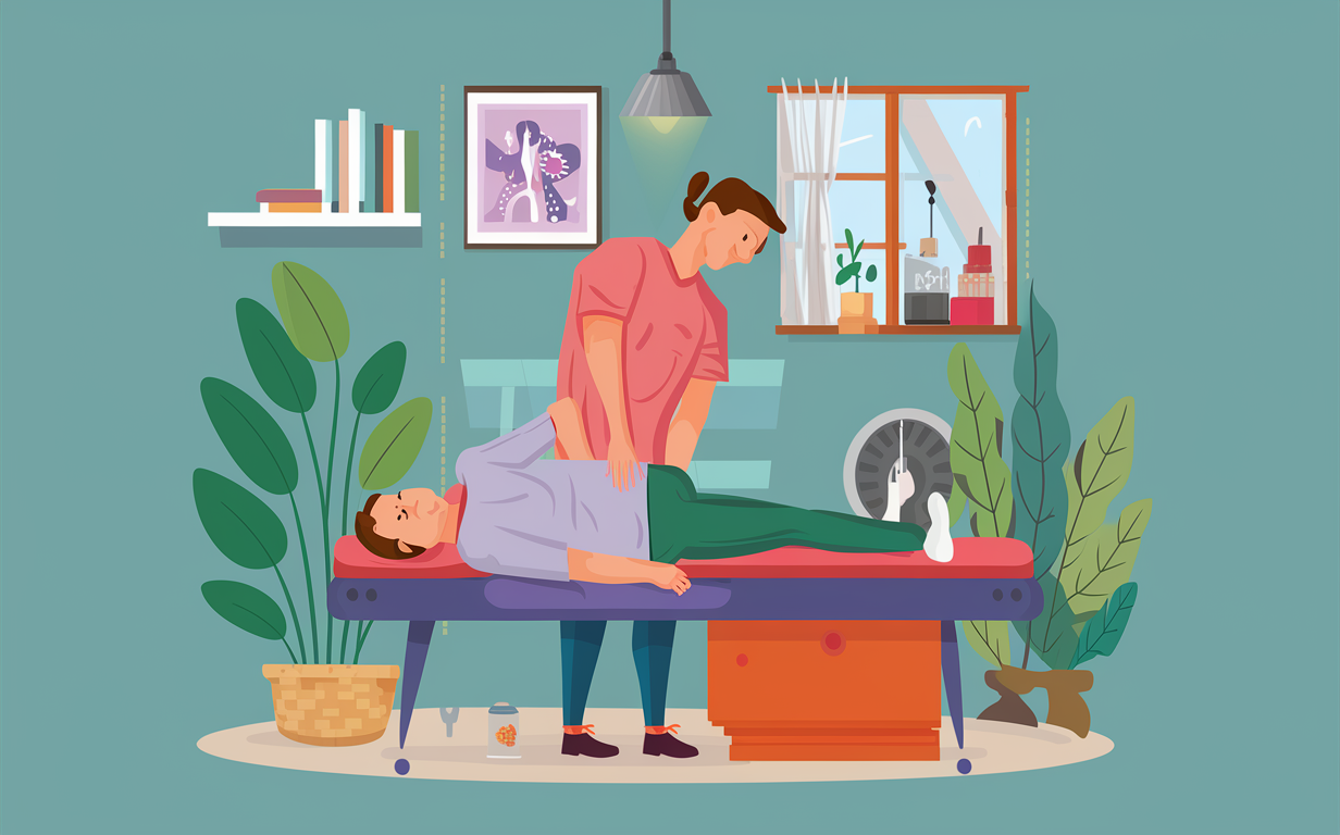 Man Receiving Chiropractic Treatment for Chronic Pain Relief An illustration of a man sitting on the ground with his legs crossed, receiving chiropractic adjustment or massage from a practitioner to help alleviate chronic pain, surrounded by plants and a city skyline in the background.