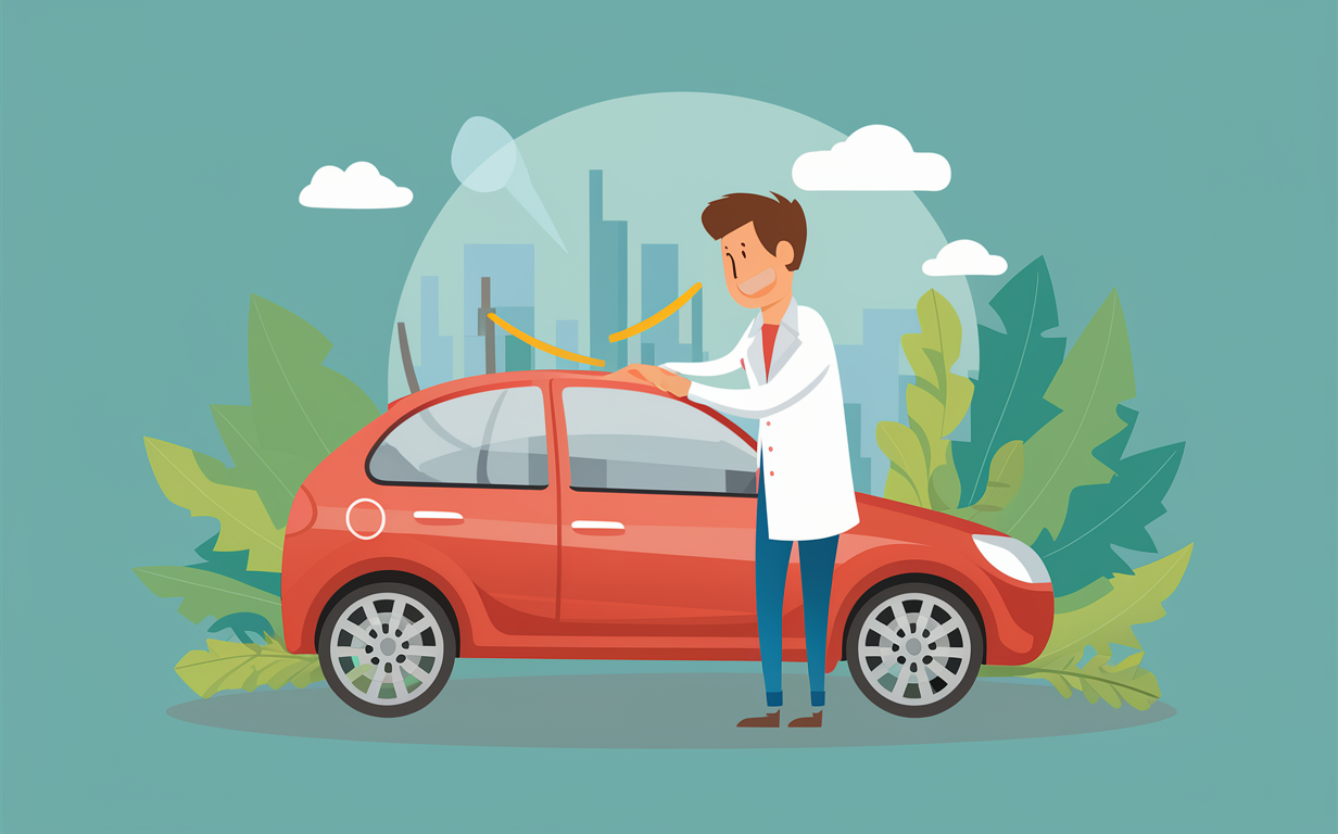Auto Accident Injury Treatment A doctor standing next to a red car, suggesting chiropractic treatment for auto accident injuries in an urban setting with buildings in the background.