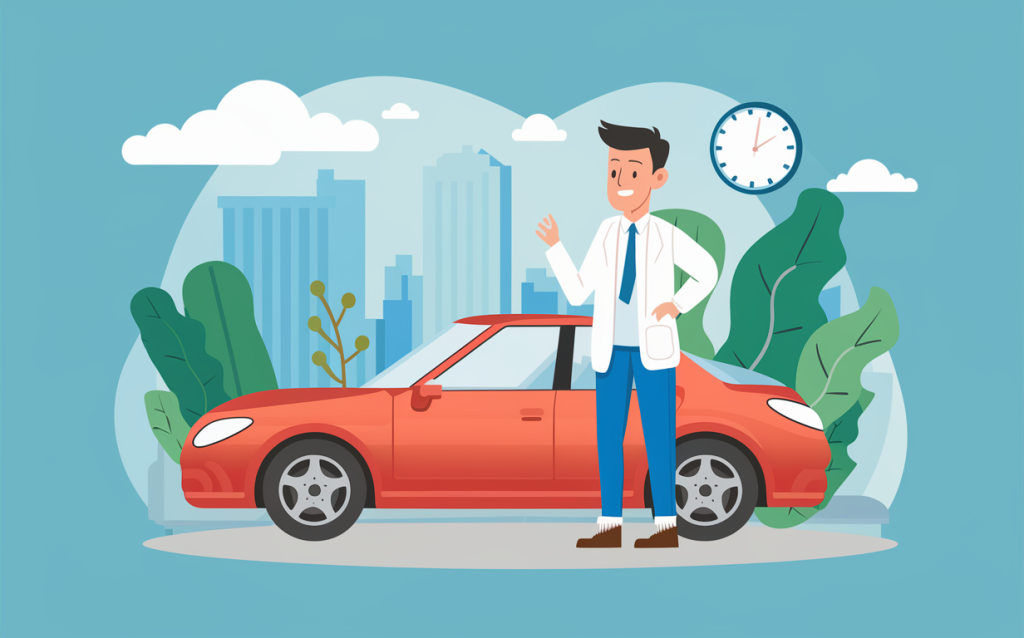 An illustration of a businessman standing beside a red car in an urban setting with buildings and a clock in the background, suggesting he is ready to commute or travel for work. chiropractic treatment for auto accident injuries