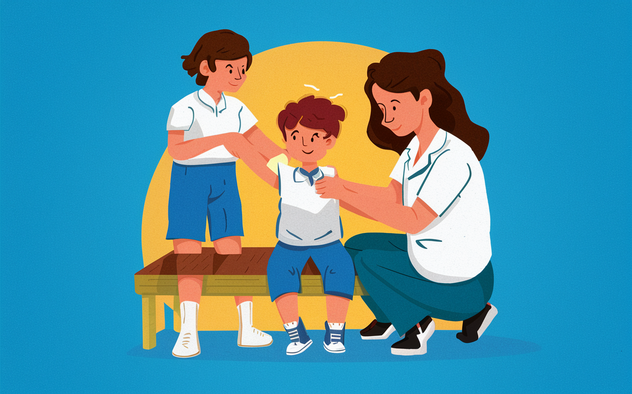 Parents and Child Receiving Chiropractic Care An illustration depicting a young child sitting on a bench with their parents, receiving chiropractic care from a practitioner who is adjusting the child's back or spine in a gentle manner, promoting health and well-being at a young age.