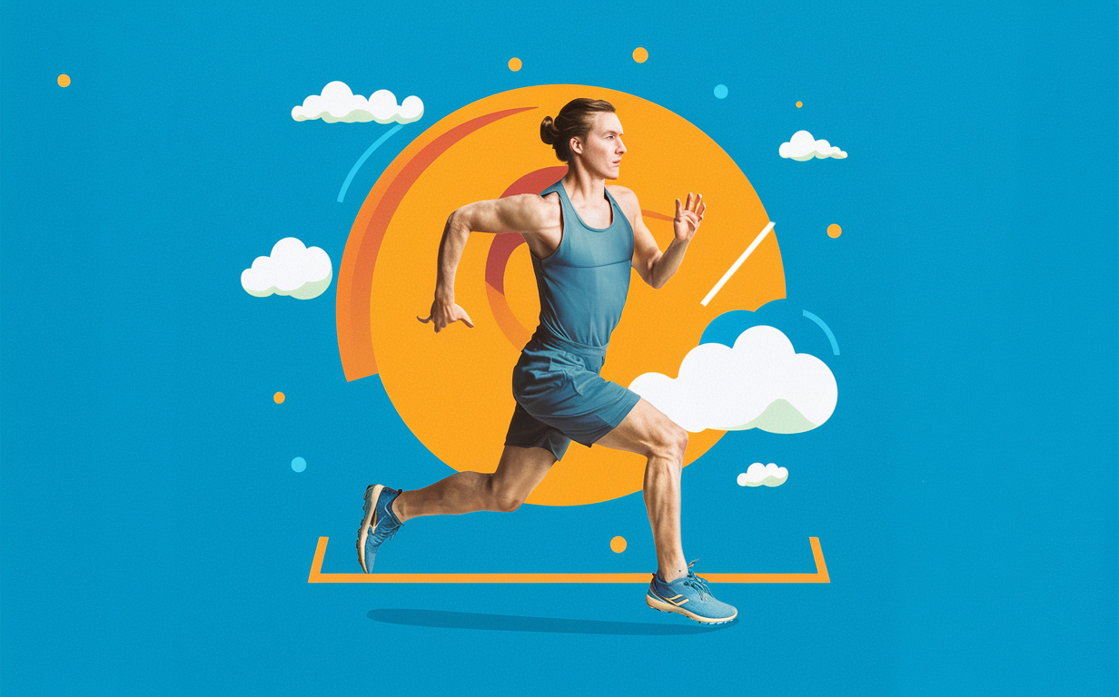 Basketball Player Demonstrating Agility and Movement An athletic basketball player in athletic wear performing an agile movement, bending low with the basketball, surrounded by motion graphics on a blue background