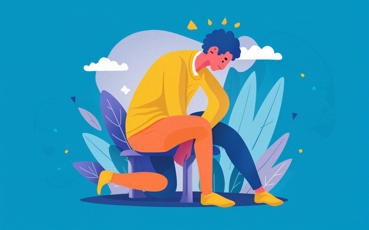 Illustration of a person receiving chiropractic treatment for chronic pain relief An illustration depicting a person hunched over on a chair, receiving chiropractic adjustment or massage from another person, with elements like plants and a clock in the background, suggesting chronic pain relief through chiropractic care.