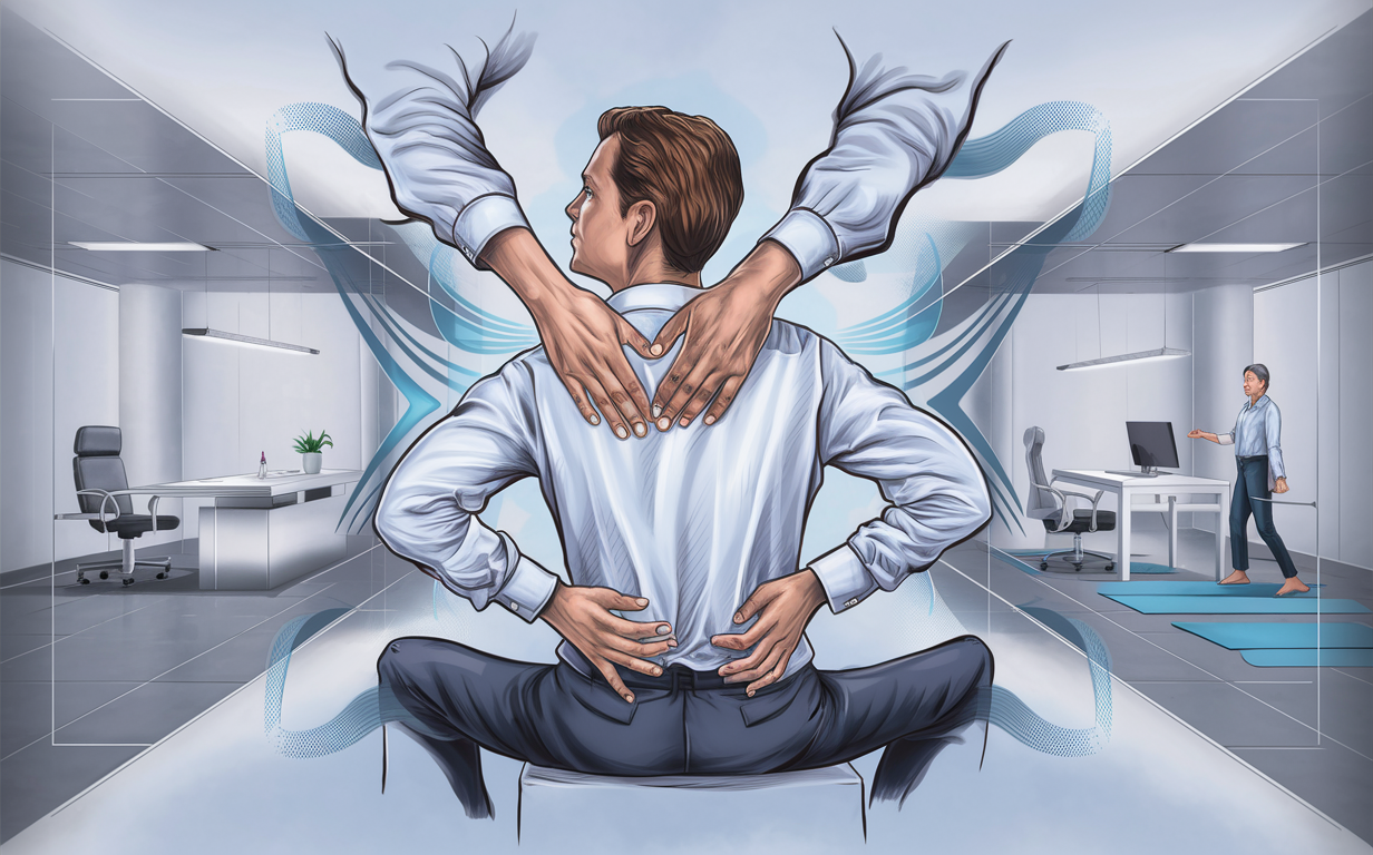 Office Worker Receiving Chiropractic Adjustment An office worker in business attire appears contorted in an office setting, receiving a chiropractic adjustment or spinal manipulation, suggesting relief for workplace-related aches and pains to boost health and productivity.