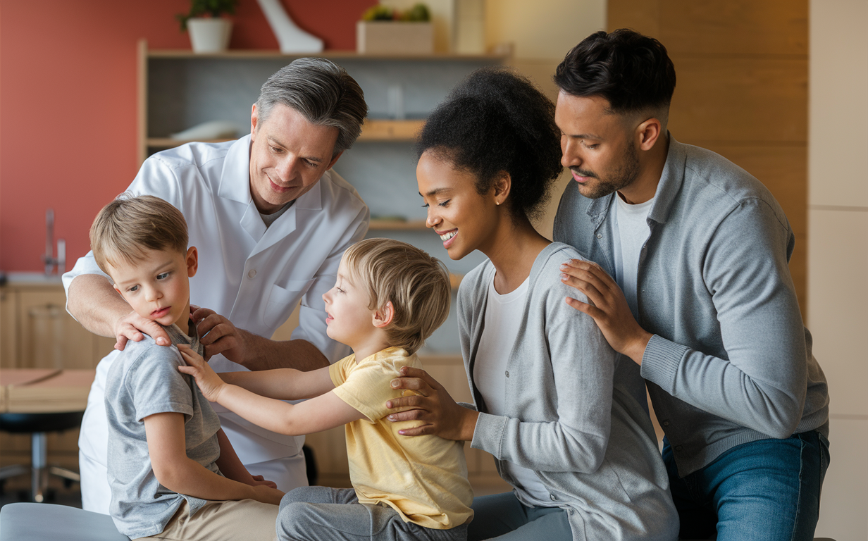 A family enjoying quality time together A loving family with two parents and two young children spending quality time together in a warm and cozy home setting