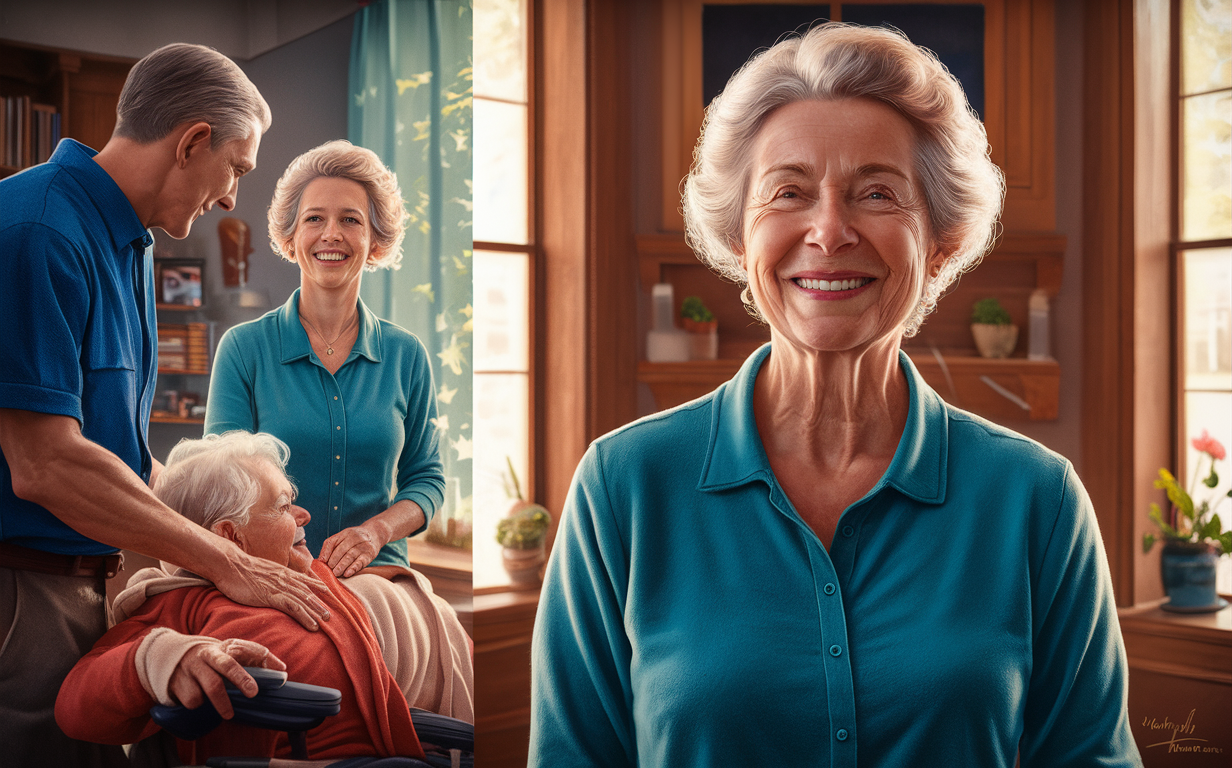 Smiling Senior Woman in Cozy Kitchen An elderly woman with gray curly hair and a radiant smile, wearing a teal blouse, standing in a warm, sunlit kitchen surrounded by potted plants, dishes, and framed artwork, exuding joy and contentment in her later years.