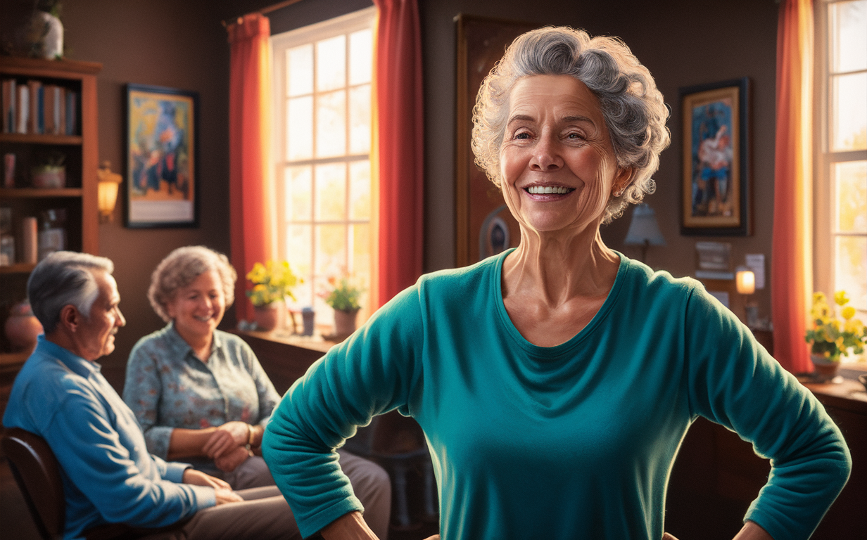 Elderly woman receiving chiropractic care and enjoying improved mobility A smiling senior woman in a blue shirt is being evaluated by a chiropractor, suggesting she is receiving treatment to improve her mobility and overall health as an older adult.