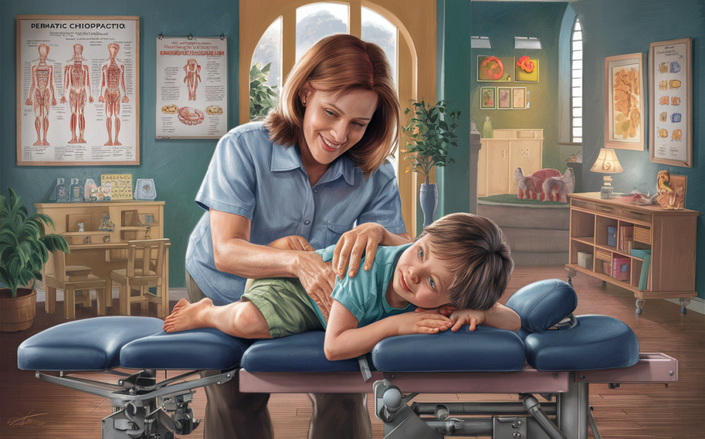 A chiropractor gently adjusting a young patient on a treatment table in a chiropractic office setting