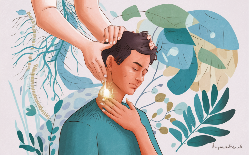An illustration depicting a person receiving a gentle chiropractic adjustment, with hands carefully supporting their head and neck amidst soothing nature imagery, suggesting relief from chronic headaches and migraines through effective chiropractic care. chiropractic care for migraine relief